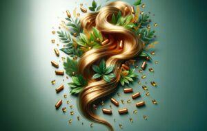Zachwycające zdjęcie tytułowe artykułu o suplementach na włosy, przedstawiające dynamiczną kompozycję złotych pasm włosów splecionych z zielonymi liśćmi i kapsułkami suplementów. Kompozycja przekazuje wrażenie wzrostu i odnowy, z elegancko wplecionym tytułem artykułu 'Suplementy na wzmocnienie włosów: Twoja droga do zdrowych włosów'. Całość jest pełna życia i podkreśla temat naturalnej pielęgnacji włosów.